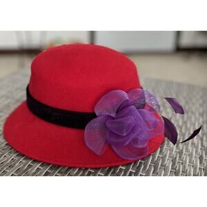 Jenny Buchanan 100% Wool Red Hat Society Purple Velvet Bow Feathers Brim EUC